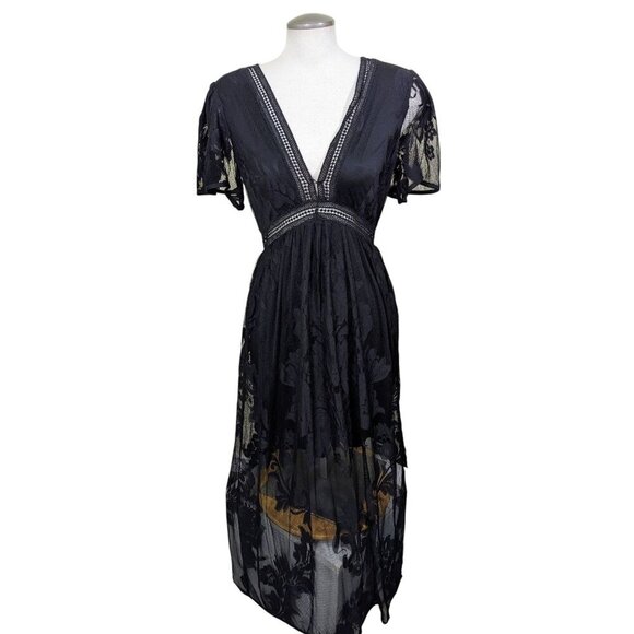 Y2K Symphony Maxi Dress M Black Mesh Floral Lace Whimsigoth Unconventional Lace - Picture 2 of 9